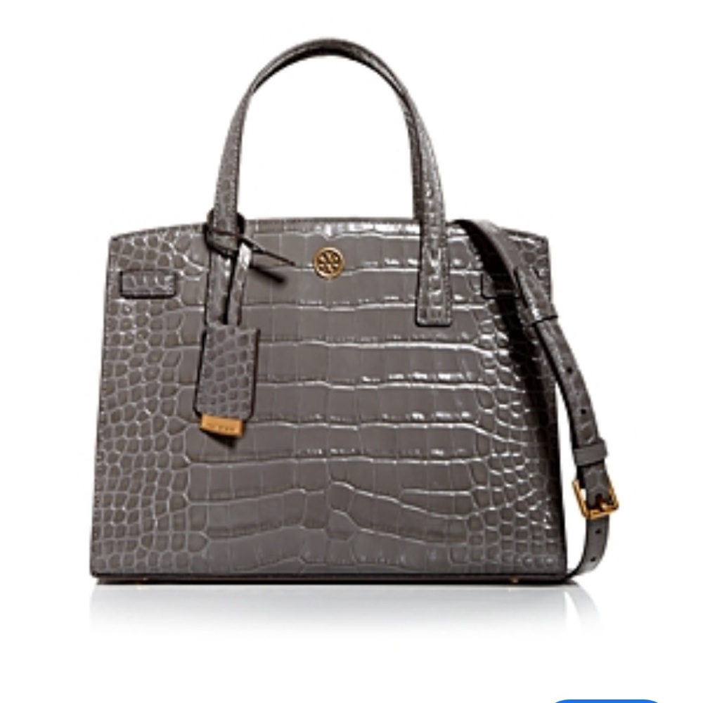 Authentic Tory Burch Walker Small Croc Embossed Leather Satchel in Mineral Gray